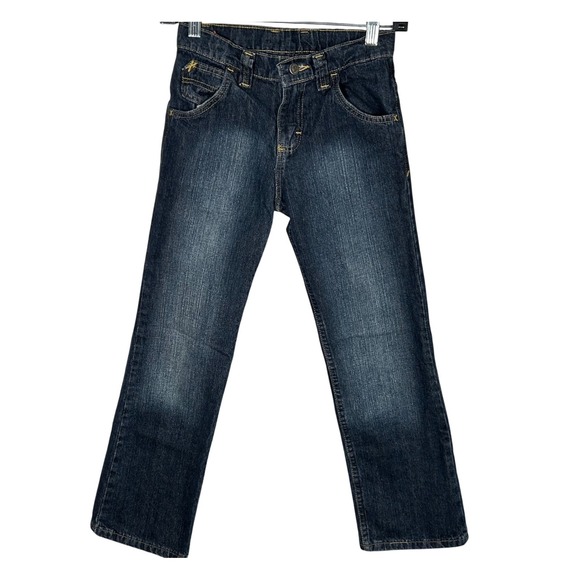 Wrangler Boys Dark Wash Denim Jeans Yellow Stitching Youth Size 10‎ Regular - Picture 1 of 14